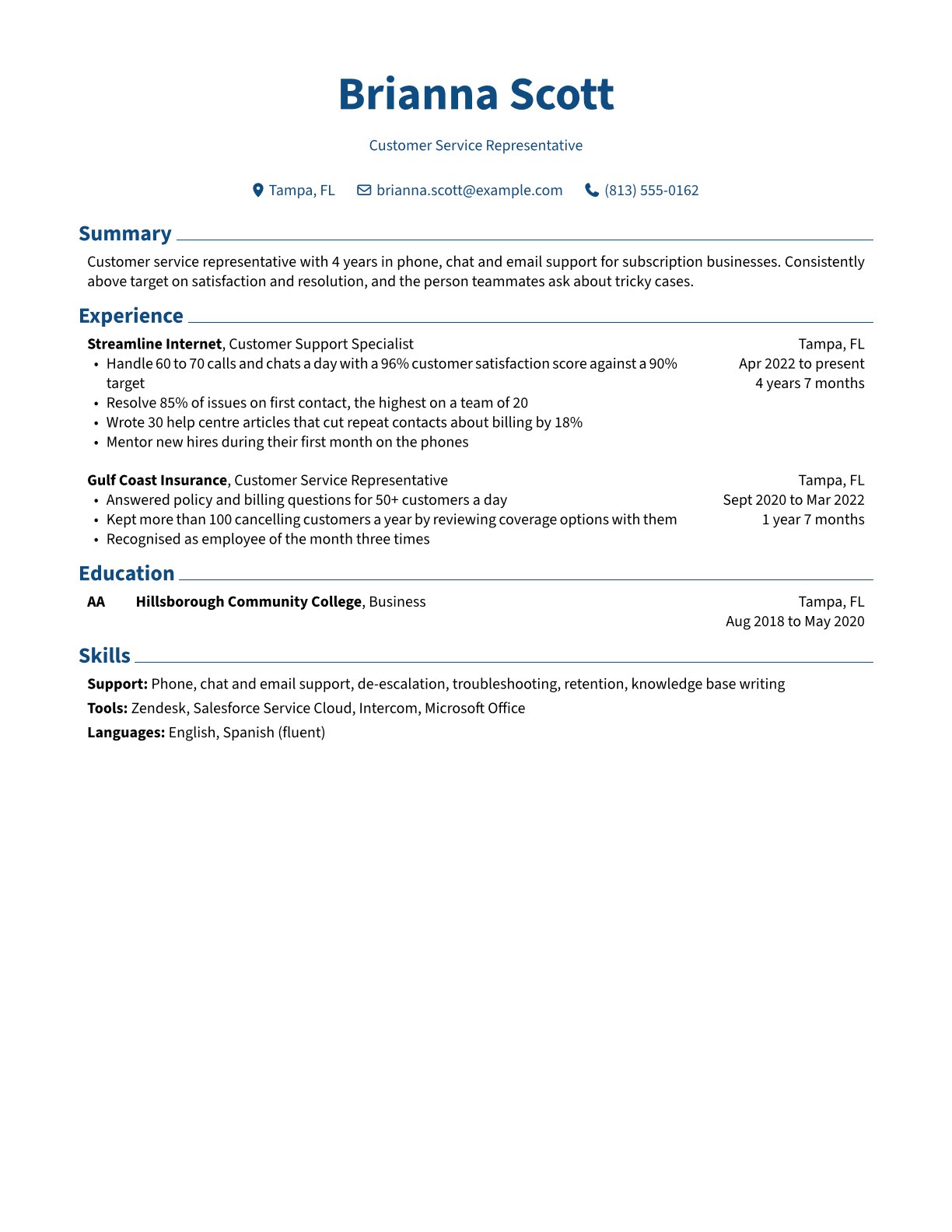 Customer Service Representative resume example
