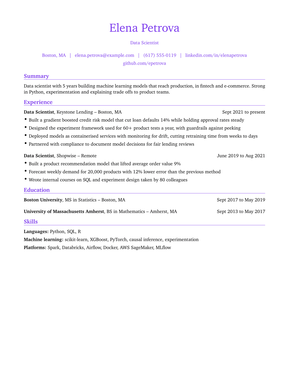 Data Scientist resume example