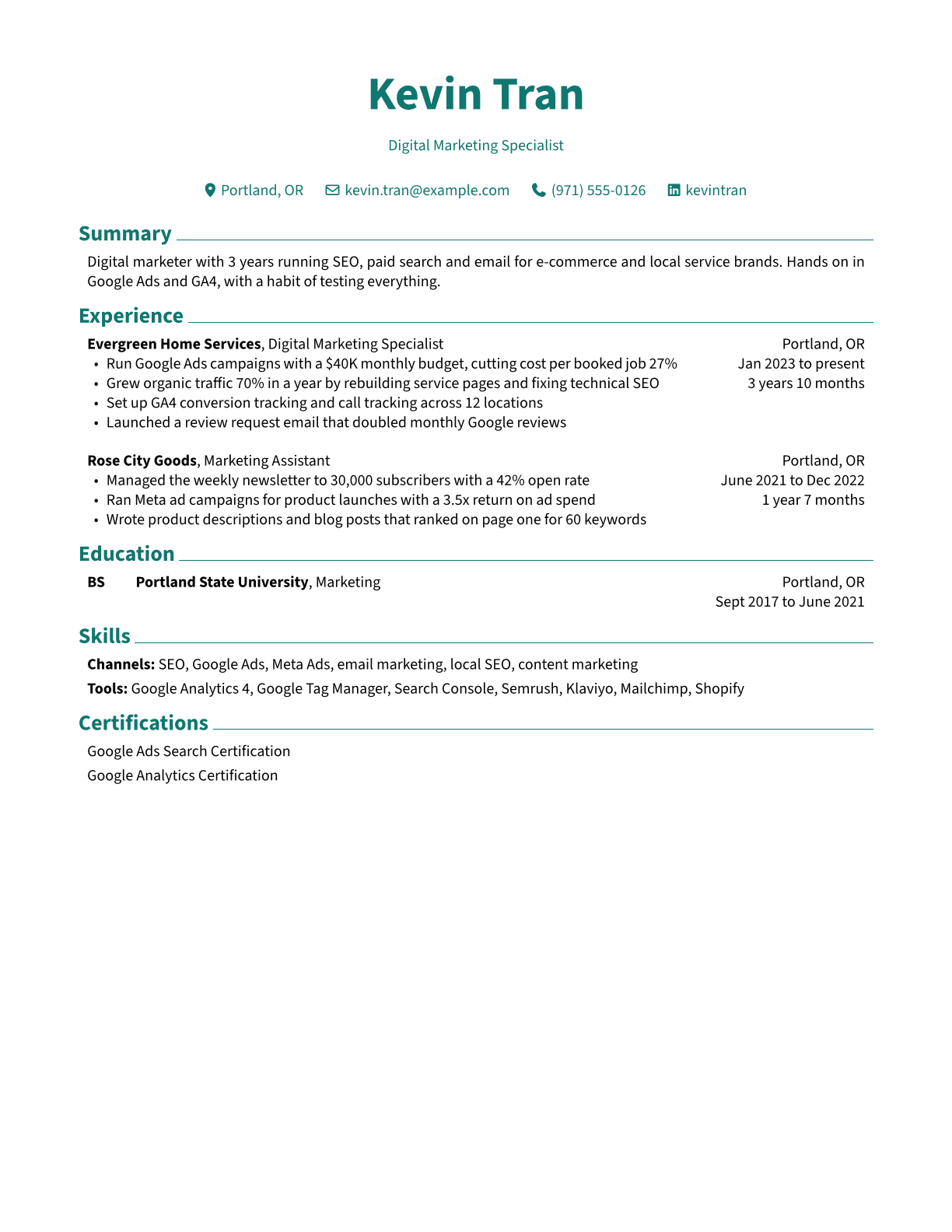Digital Marketing Specialist resume example