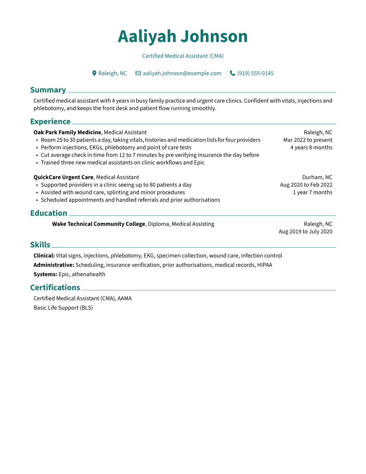 Medical Assistant resume example