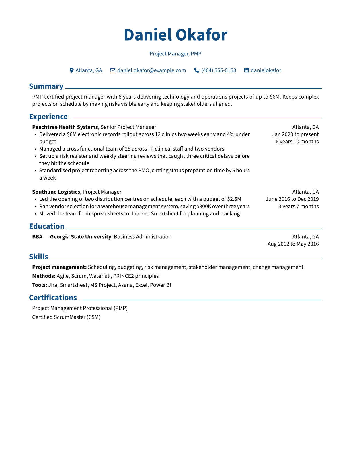 Project Manager resume example