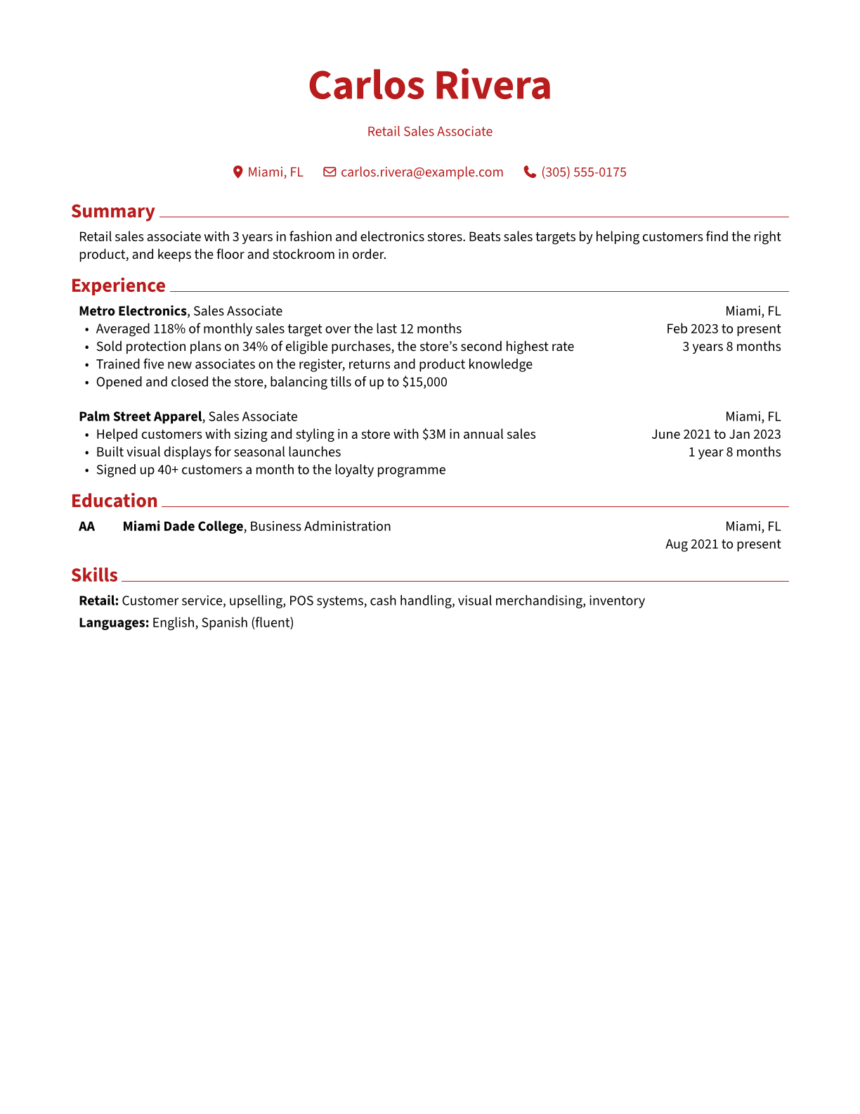 Retail Sales Associate resume example