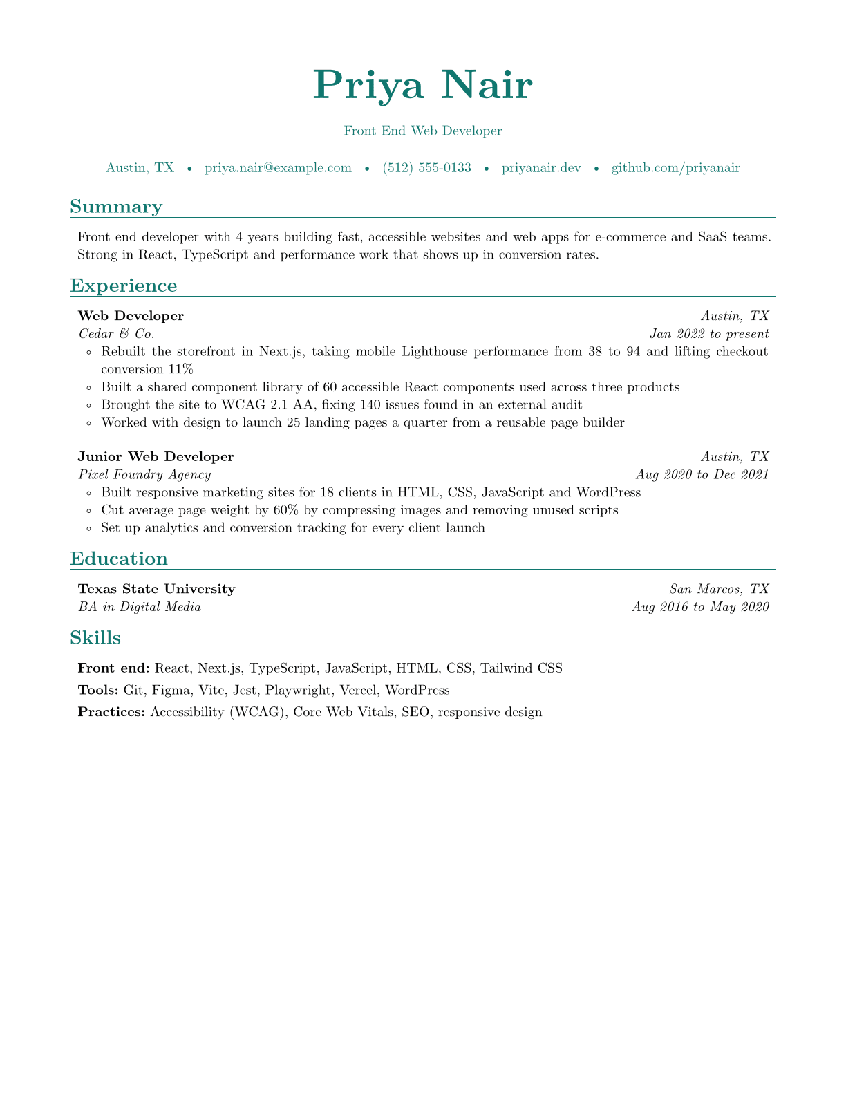 Web Developer resume example