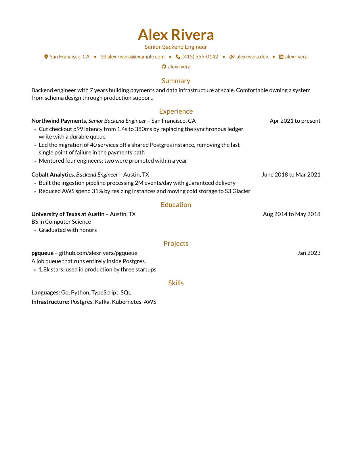 A sample resume in the Opal template